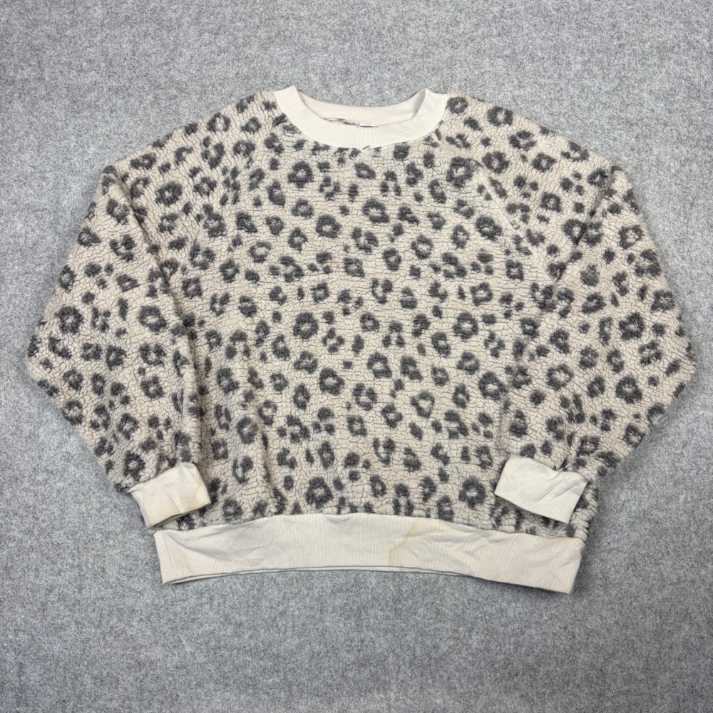 Old Navy Sherpa Fleece Leopard Print Sweatshirt Gray Cream Crew Neck Large